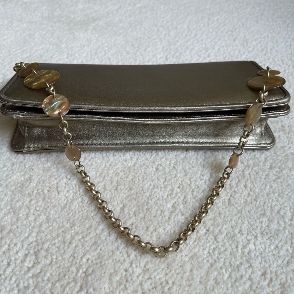 Ann Taylor Leather Handbag/Clutch Gold Chain With Mother Of Pearl Discs - Picture 12 of 15